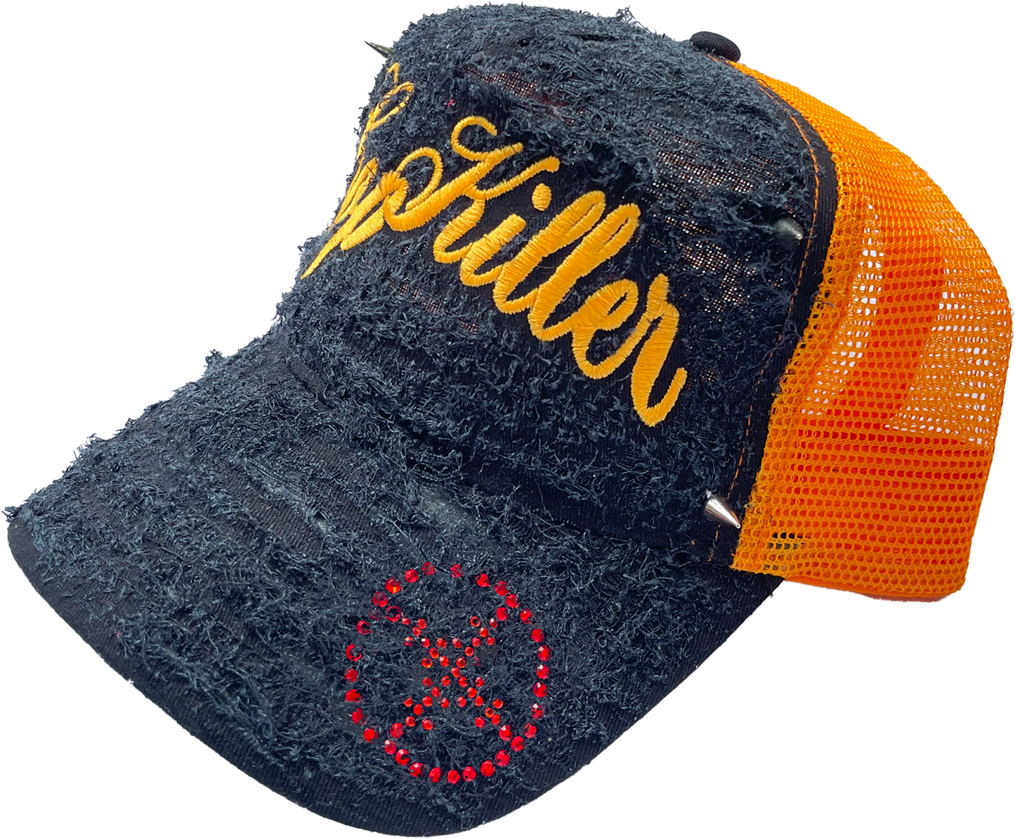 BLACK/ORANGE ITALICS LOGO TRUCKER