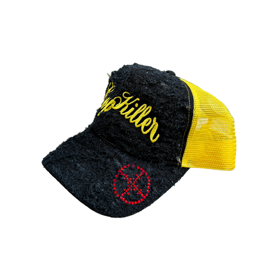 BLACK/YELLOW ITALICS LOGO TRUCKER
