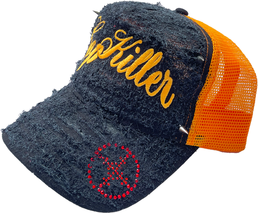 BLACK/ORANGE ITALICS LOGO TRUCKER