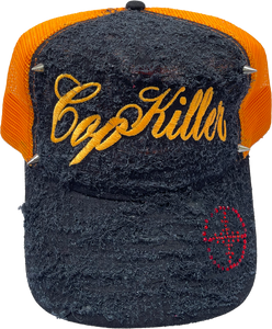 BLACK/ORANGE ITALICS LOGO TRUCKER